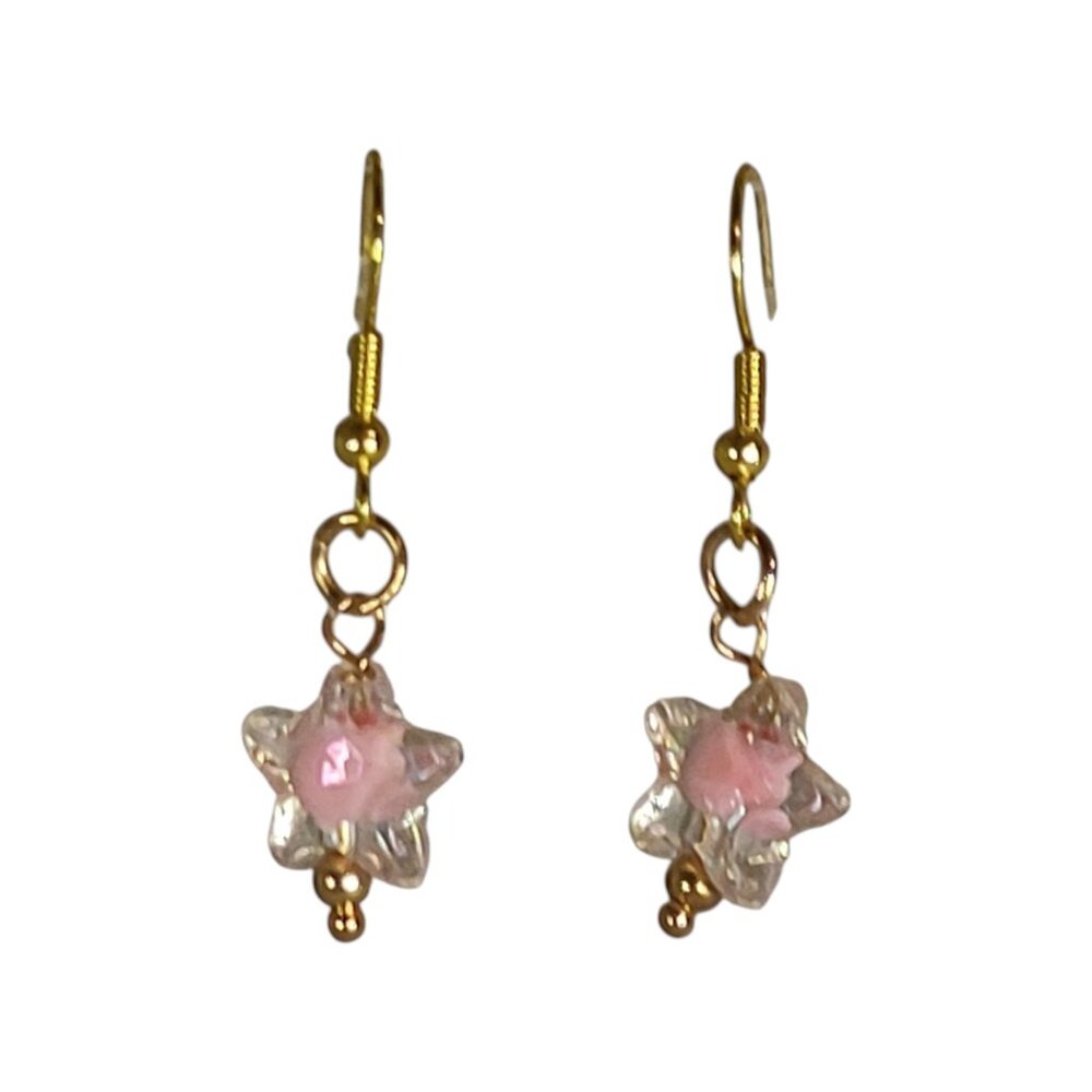 NEW Handmade/Homemade Pastel Pink Bead in Clear Star on Gold Drop Earrings